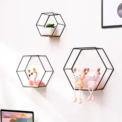 Modern geometric wall shelves with decorative plush toys and plants, ideal for stylish home or office decor, perfect for organizing small items and adding a contemporary touch to your space.