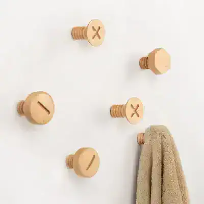 Wooden screw wall hooks for bathroom decor and organization, minimalistic natural wood design, functional wall-mounted coat and towel hooks, stylish storage solution for home or office, Monalisa Store accessories.