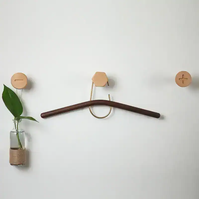 Minimalist wall decor with hooks and a small plant, ideal for modern interior design and organization. Perfect for stylish home or office spaces, combining functionality with aesthetic appeal.