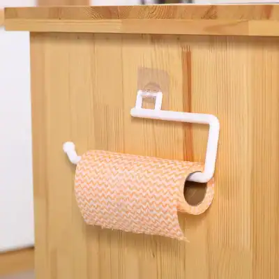 Toilet paper holder with a modern, minimalist design, mounted on a wooden surface, featuring a white pipe holder and a patterned orange toilet paper roll. Perfect for stylish bathroom decor and easy access.