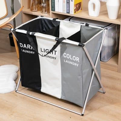 Laundry hamper, portable foldable laundry sorter with three compartments for dark, light, and color clothes, collapsible laundry storage bin for easy organization and transportation.