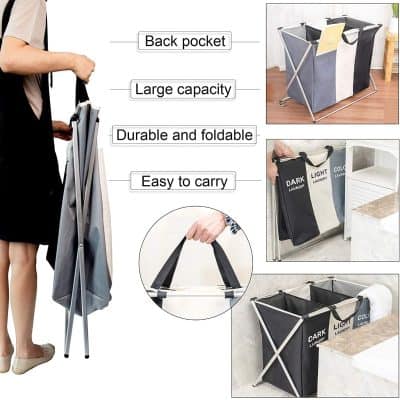 Portable laundry hamper with foldable design, large capacity, back pocket for accessories, easy to carry, ideal for organizing laundry and storage at Monalisa Medical Store.