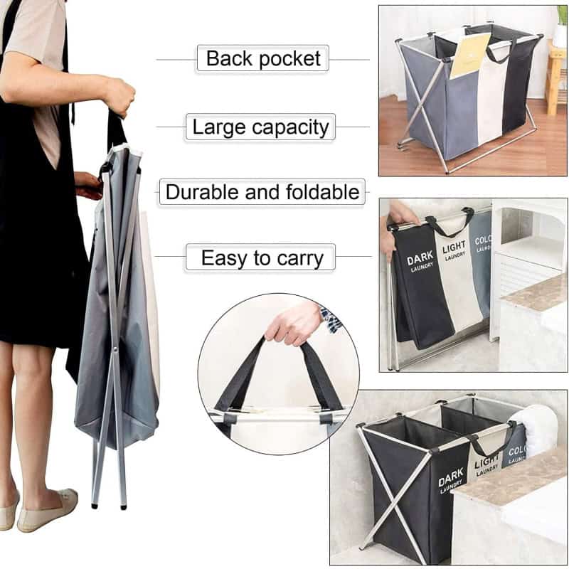 Portable laundry hamper with foldable design, large capacity, back pocket for accessories, easy to carry, ideal for organizing laundry and storage at Monalisa Medical Store.