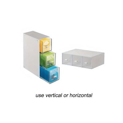 Color-coded storage drawers for organizing eyewear or optical accessories, versatile for vertical or horizontal use. Perfect for opticians and eyewear shops.