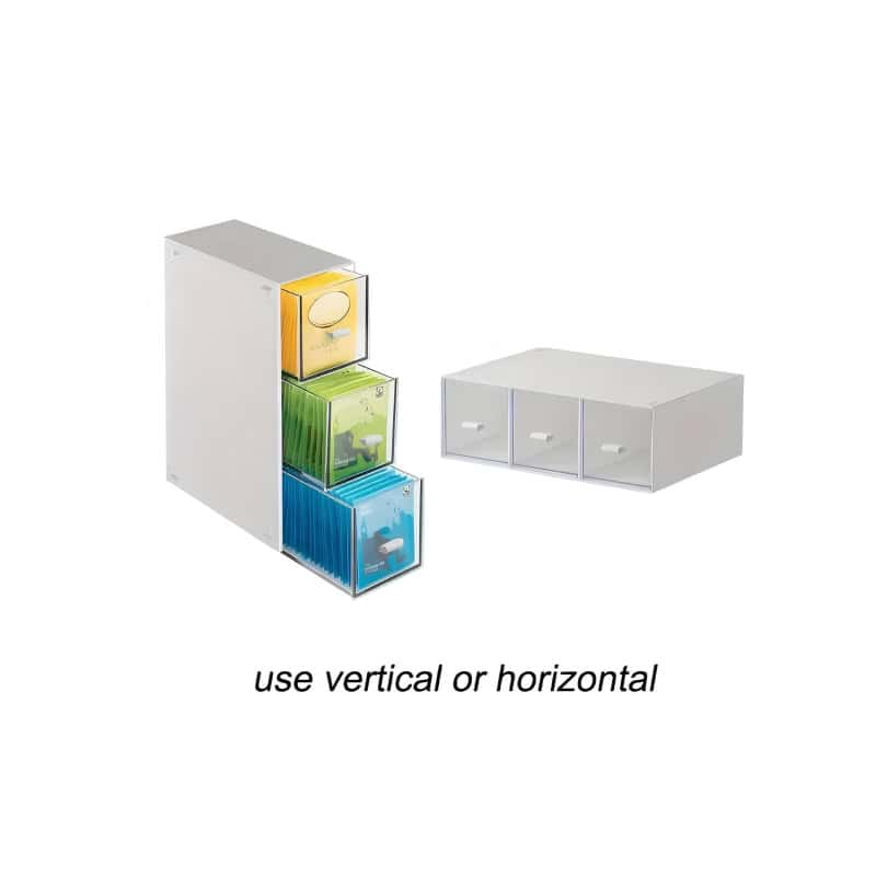 Color-coded storage drawers for organizing eyewear or optical accessories, versatile for vertical or horizontal use. Perfect for opticians and eyewear shops.