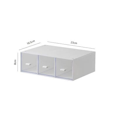 White plastic storage box with three compartments and dimensions 23cm x 16.5cm x 8cm for optometry tools and accessories, ideal for optomechanics and eye care professionals.