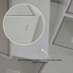 Modern white storage drawer with groove design, stable and non-slip when superimposed for opticians and medical clinics.