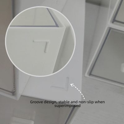 Modern white storage drawer with groove design, stable and non-slip when superimposed for opticians and medical clinics.