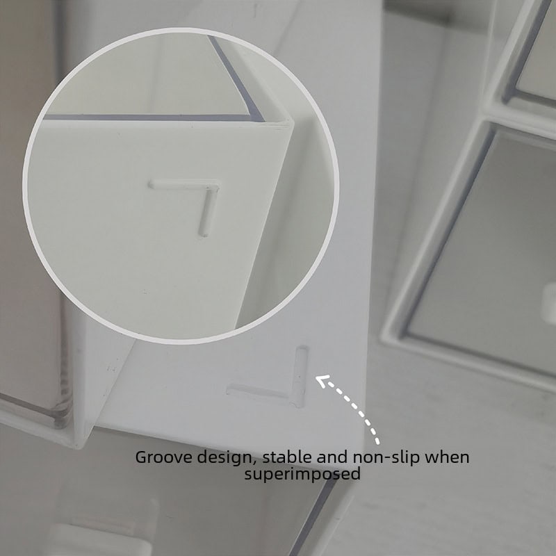 Modern white storage drawer with groove design, stable and non-slip when superimposed for opticians and medical clinics.
