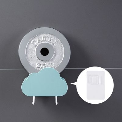 Dumbbell weight with cloud-shaped wall hook for storage, and a white switch on gray background.
