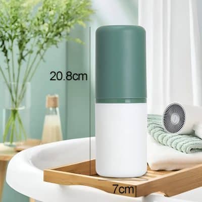 Compact portable air purifier for home and office, 20.8cm tall, 7cm wide, sleek modern design, ideal for improving indoor air quality, stylish white and green color, perfect for various spaces.