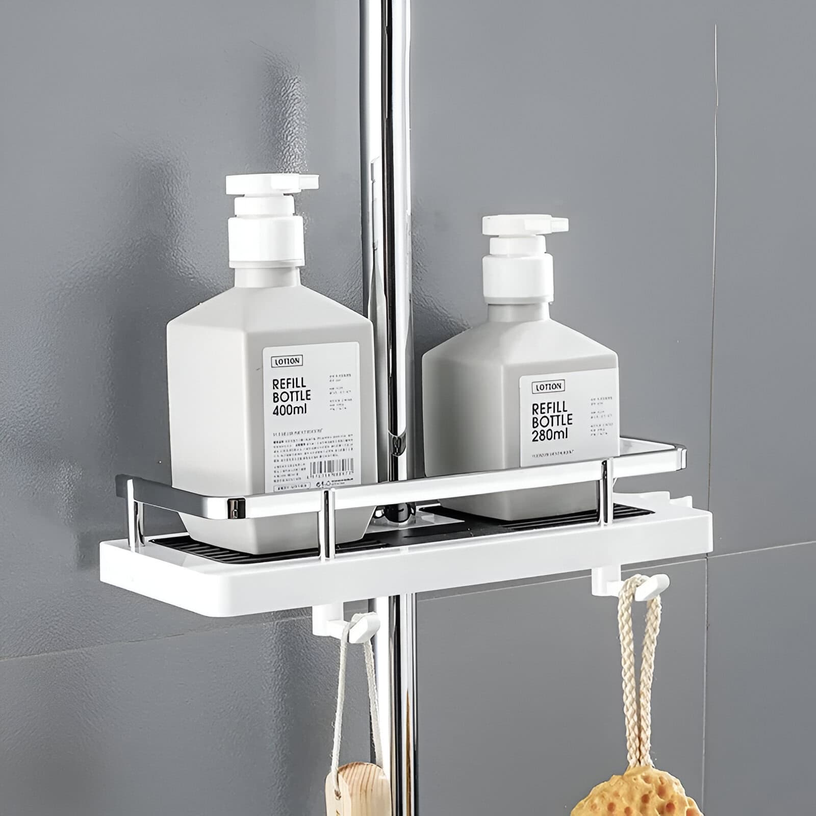 Refill bottles with lotion on a modern shower shelf, minimalist bathroom decor, hygiene products, convenient liquid soap dispensers for skin care.