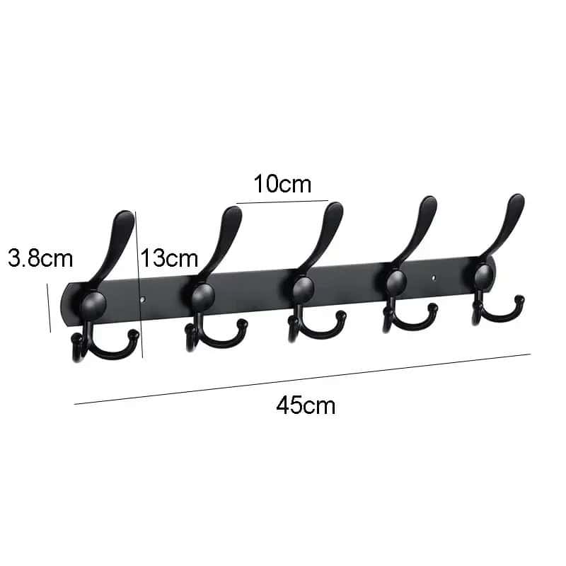 Black wall coat rack with hooks, 45cm wide, modern design for home organization and entryway decor.