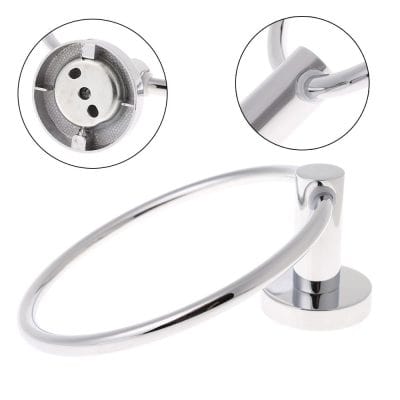 Polished stainless steel towel ring holder, modern bathroom accessory, wall-mounted chrome finish, durable and rust-resistant.