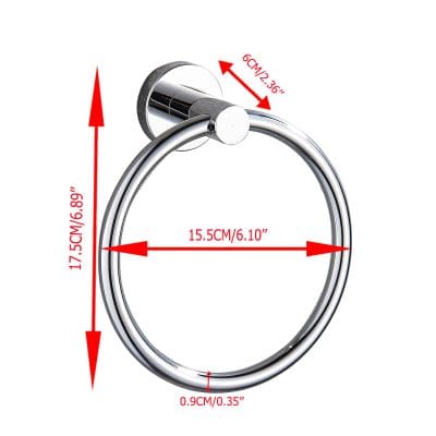 Shiny chrome towel ring with precise measurements for bathroom decor, featuring a diameter of 15.5cm and a mounting base of 6cm, perfect for organizing hand towels in modern bathrooms.