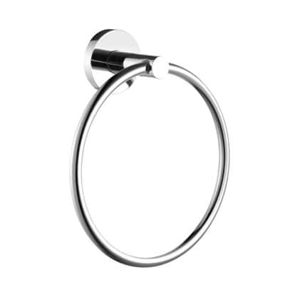Shiny chrome towel ring mounted on bathroom wall for stylish towel storage. Perfect for modern bathroom decor and easy towel access. Durable metal finish complements various interior styles.