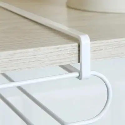 Minimalist white metal and light wood shelf from Monalisa Store, perfect for modern home or office decor.