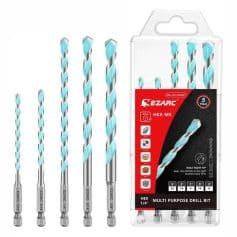 High-quality set of 5 blue and silver multi-purpose drill bits for various drilling tasks, compatible with power tools, includes sizes 3/32", 1/8", 5/64", 3/16", 1/4", suitable for wood, metal, and masonry.