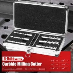 2. Precision carbide milling cutter set with six bits in a protective storage case, ideal for detailed engraving and metalwork.