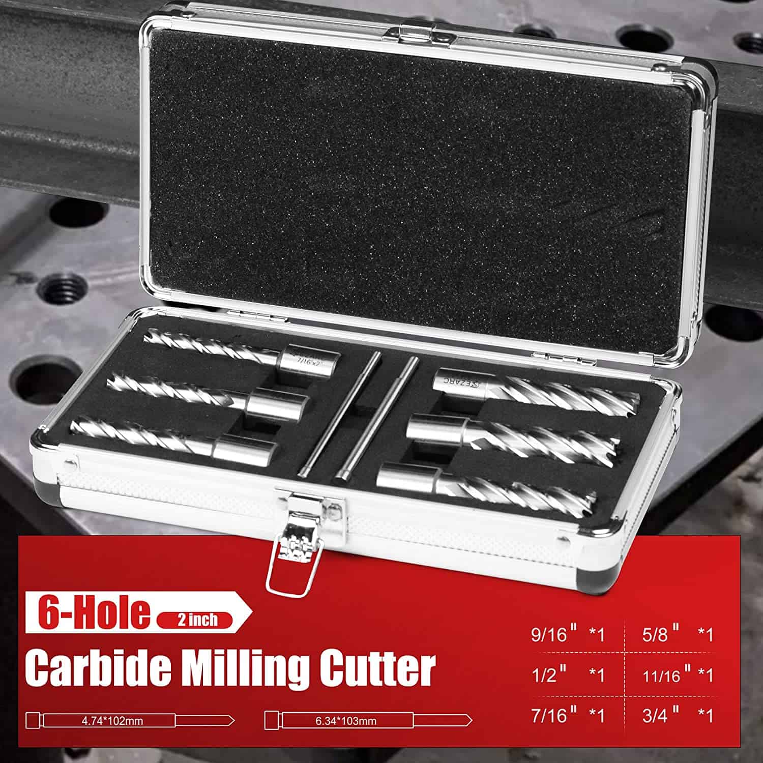 2. Precision carbide milling cutter set with six bits in a protective storage case, ideal for detailed engraving and metalwork.