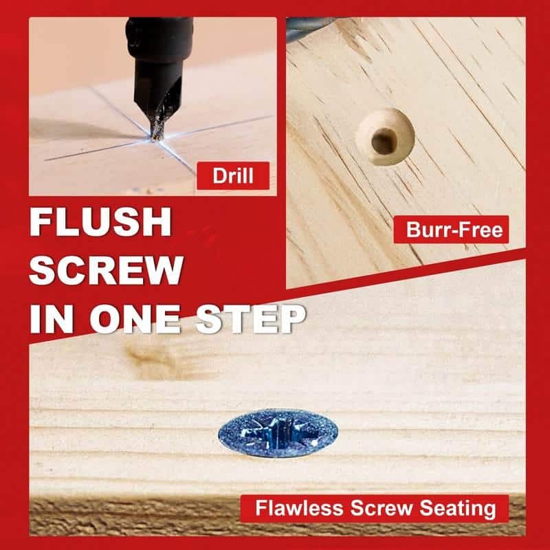 Flush screw in one step for furniture assembly, featuring a drill, burr-free surface, and flawless screw seating for a smooth, professional finish. Ideal for woodworking and DIY projects.