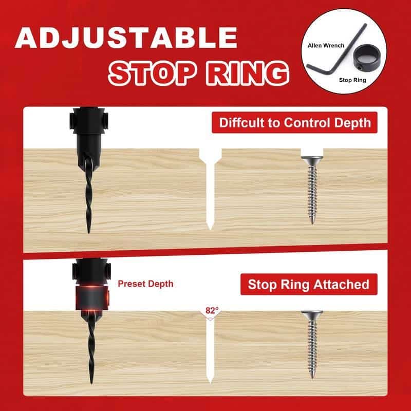 Drill bit with adjustable stop ring for woodworking and DIY projects.