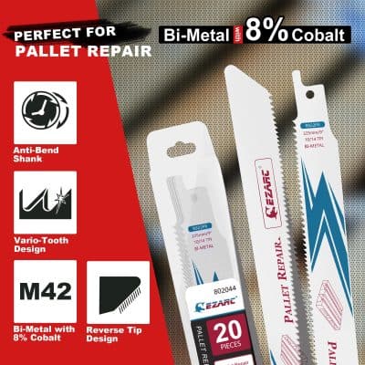 Bi-metal saw blades for pallet repair with 8% cobalt, anti-bend shank, Vario-tooth design, and reverse tip design for durable, efficient industrial cutting applications.