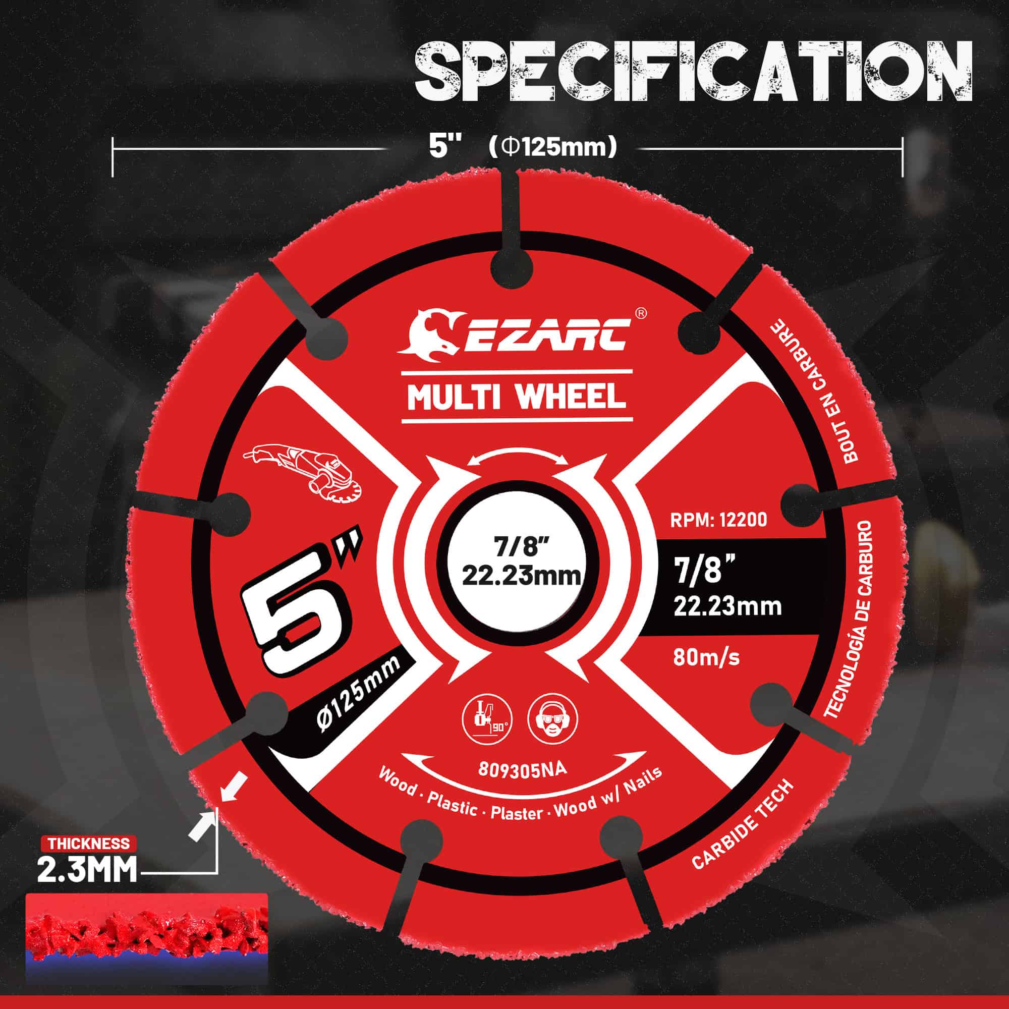 Precision multi wheel cutting disc for power tools, 7/8 inch (22.23mm) arbor, 125mm diameter, 2.3mm thickness, suitable for wood, plastic, plaster, and nails, with high RPM capacity.