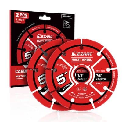 Red multi-wheel cutting discs for woodworking and metalworking by Ezarc, 5-inch diameter, 7/8 inch arbor, ideal for precision cutting and grinding in professional workshops and DIY projects.