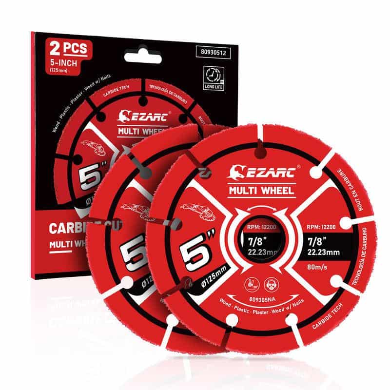 Red multi-wheel cutting discs for woodworking and metalworking by Ezarc, 5-inch diameter, 7/8 inch arbor, ideal for precision cutting and grinding in professional workshops and DIY projects.