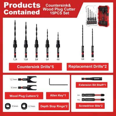 Precision drill bits for counter-sinking and wood plugs, ideal for carpentry and woodworking projects. Perfect for creating clean, professional finishes in wood and other materials.