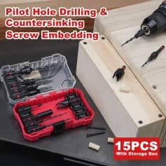 Half-inch drill bits set for pilot hole drilling and countersinking screw embedding, including 15 pieces with storage box for woodworking and DIY projects.