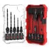 Precision drill bit set with various sizes in a clear and red plastic case, ideal for professional and DIY tasks requiring accurate wood, metal, or plastic drilling.