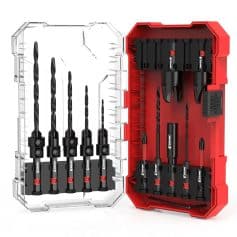 Precision drill bit set with various sizes in a clear and red plastic case, ideal for professional and DIY tasks requiring accurate wood, metal, or plastic drilling.