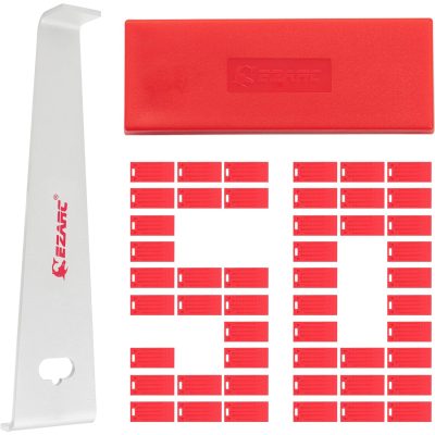 Red label safety tags kit for eyewear, ideal for opticians and optometrists, compatible with monalisa eyewear frames, includes removal scraper and storage box, ergonomic design for secure attachment.