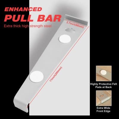 2. Extra thick high-strength steel pull tab with protective felt pads, measuring 11 inches in length and 2.7 inches in width, designed for durability and safety in medical and optical applications.