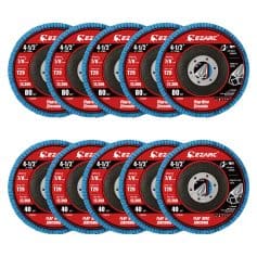 High-quality EZARC flap disc grinding wheels for angle grinders, 4.5-inch, zirconia, 80 and 40 grit, ideal for metal, stainless steel, and industrial applications in optical and eye care industries.