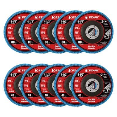 High-quality EZARC flap disc grinding wheels for angle grinders, 4.5-inch, zirconia, 80 and 40 grit, ideal for metal, stainless steel, and industrial applications in optical and eye care industries.
