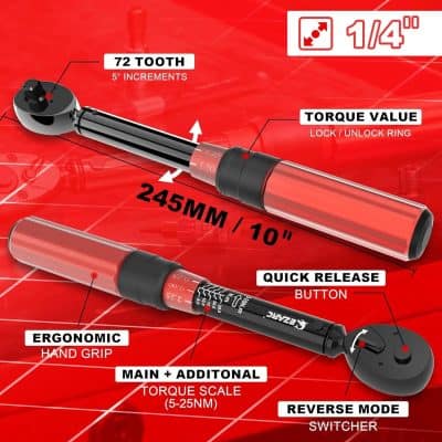 High-precision torque wrench for automotive and machinery use, featuring ergonomic handle, quick release button, and adjustable torque scale, ideal for professional and DIY tire installation and maintenance.