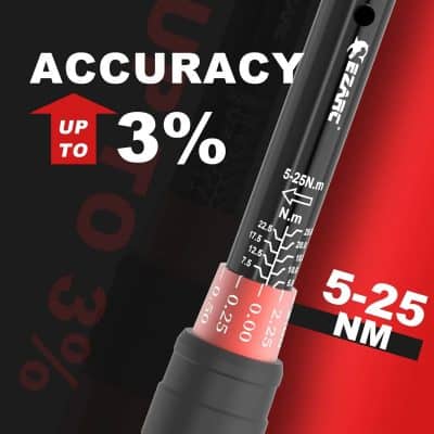 High-precision torque wrench with adjustable 5-25 Nm for accurate fasteners, ideal for automotive, mechanical, and DIY tasks, featuring ergonomic grip and clear measurement markers for professional use.