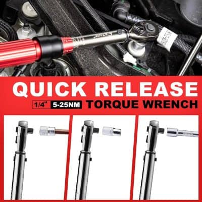 High-quality torque wrench for precise automotive repairs, featuring a 1/4 inch drive and 5-25Nm torque range, essential for accurate bolt tightening.