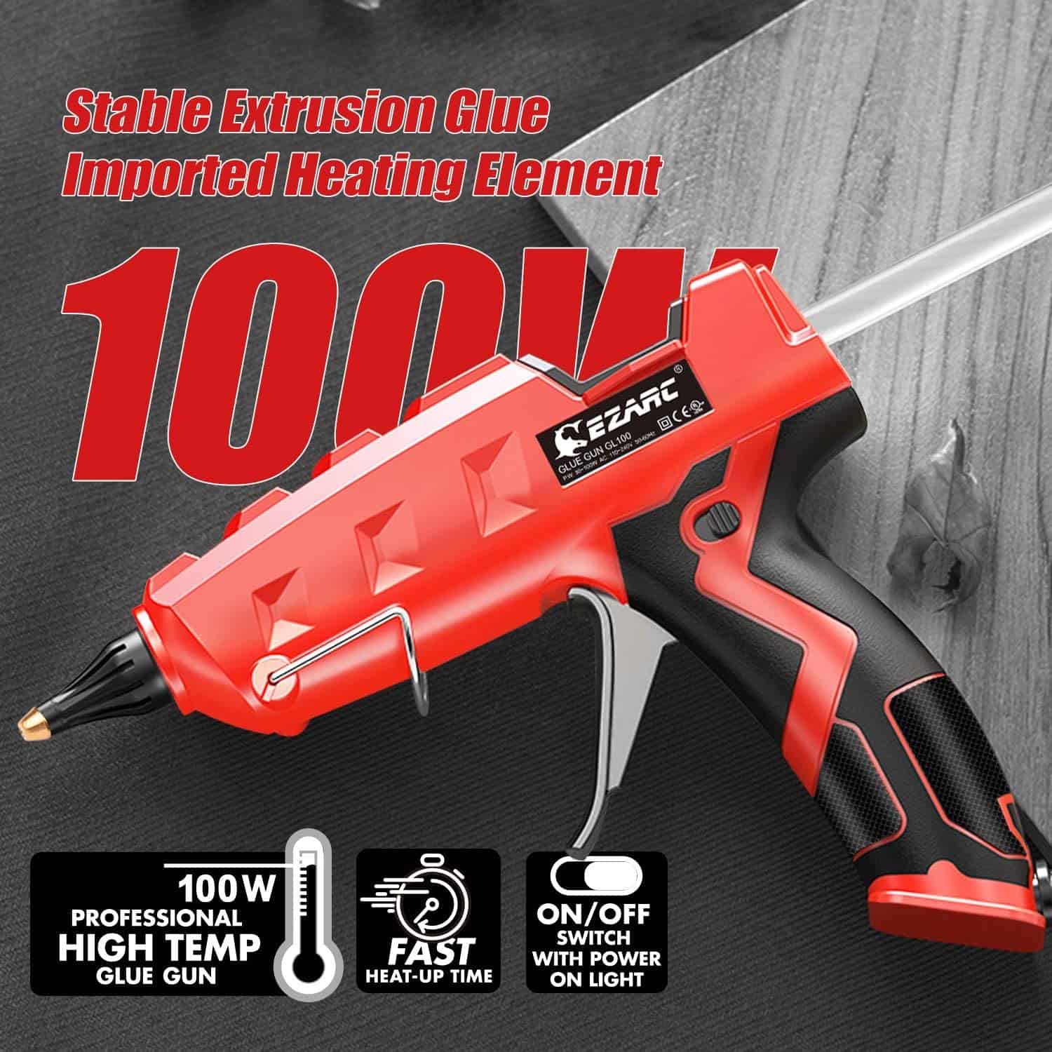 Heavy-duty hot glue gun with stable extrusion glue and imported heating element, ideal for crafting and repair projects.