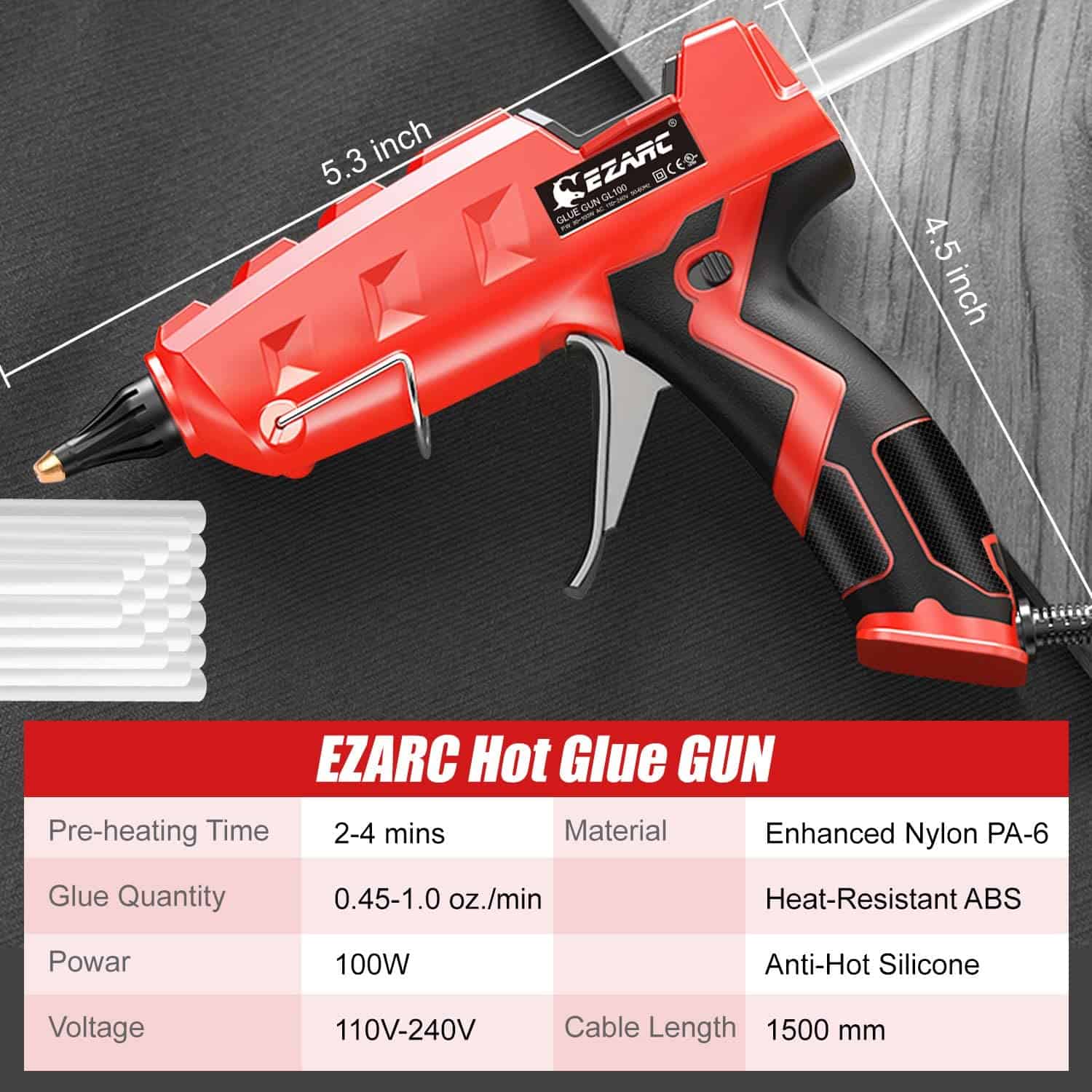 EZARC hot glue gun for crafts and DIY projects, featuring heat-resistant ABS and enhanced nylon materials, with 1500mm cable length, 100W power, and fast pre-heating in 2-4 minutes.
