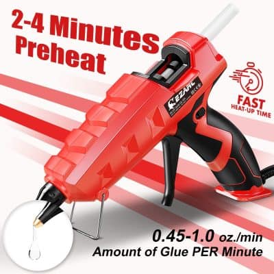 Fast drying glue gun for crafts and DIY projects, heat-up in 2-4 minutes, adjustable glue flow rate 0.45-1.0 oz/min, provides quick and efficient glue application for home or professional use.