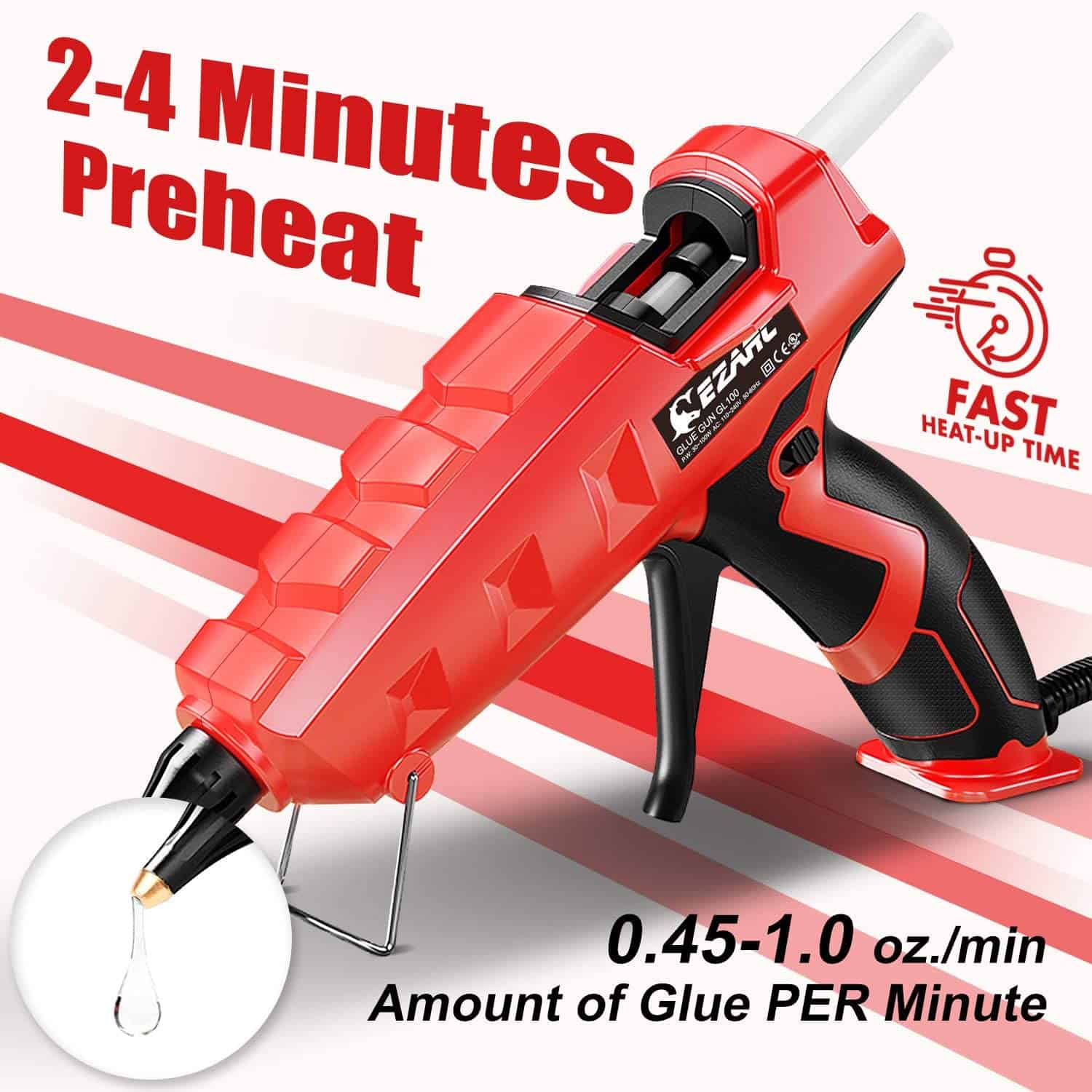 Fast drying glue gun for crafts and DIY projects, heat-up in 2-4 minutes, adjustable glue flow rate 0.45-1.0 oz/min, provides quick and efficient glue application for home or professional use.