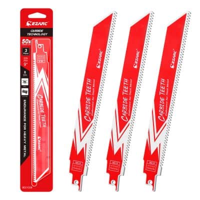 High-quality heavy-duty reciprocating saw blades for thick metal cutting, featured with carbide technology for durability and long-lasting performance, ideal for professional construction and metalworking projects.