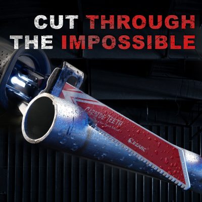 Chainsaw cutting through metal with water droplets, symbolizing powerful and precise metal cutting tools.