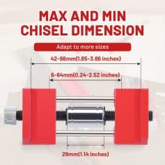 42-98mm adjustable chisel dimensions for precision and safety in medical procedures. Features a sturdy metal design with red plastic end caps, suitable for various surgical and dental applications.