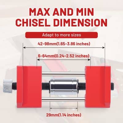 42-98mm adjustable chisel dimensions for precision and safety in medical procedures. Features a sturdy metal design with red plastic end caps, suitable for various surgical and dental applications.