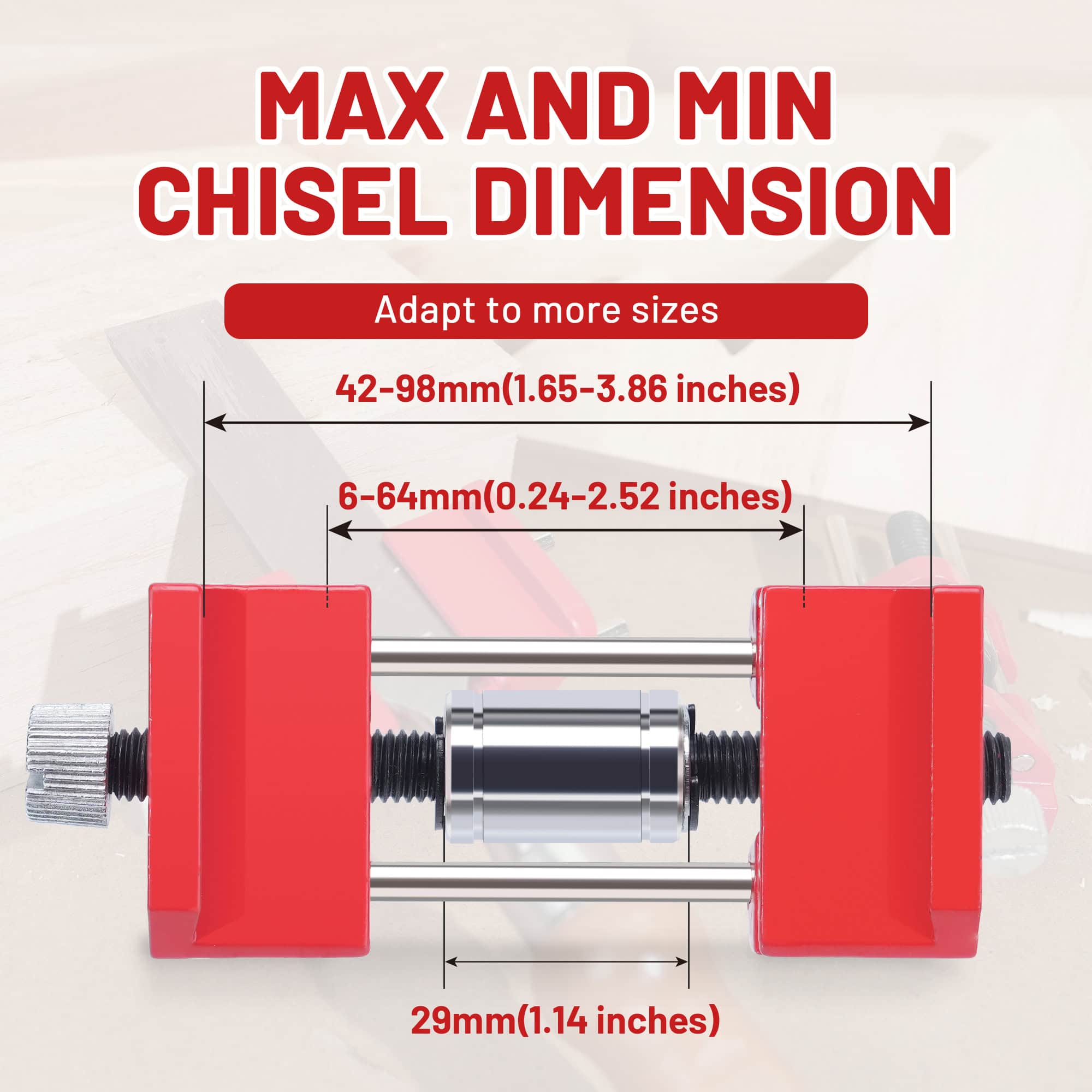 42-98mm adjustable chisel dimensions for precision and safety in medical procedures. Features a sturdy metal design with red plastic end caps, suitable for various surgical and dental applications.